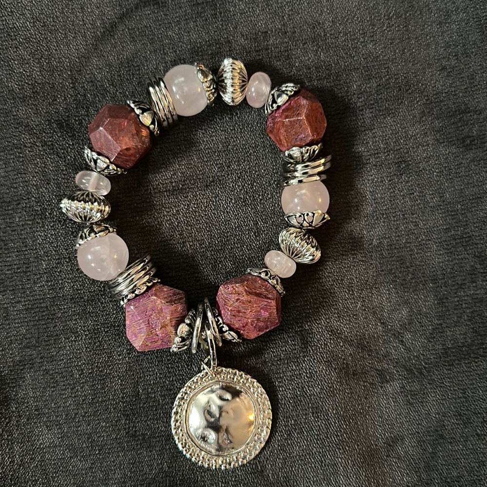 Natural Rose Quartz & Silver Plated Accents Stretch Bracelet